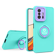 Silikon Hülle Handyhülle und Kunststoff Schutzhülle Hartschalen Tasche mit Ständer H01P für Xiaomi Mi 11T 5G Cyan