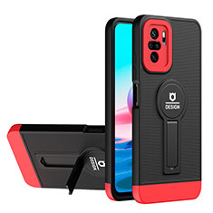 Silikon Hülle Handyhülle und Kunststoff Schutzhülle Hartschalen Tasche mit Ständer H01P für Xiaomi Redmi Note 10S 4G Rot und Schwarz