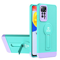 Silikon Hülle Handyhülle und Kunststoff Schutzhülle Hartschalen Tasche mit Ständer H01P für Xiaomi Redmi Note 11 4G (2022) Cyan