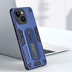 Silikon Hülle Handyhülle und Kunststoff Schutzhülle Hartschalen Tasche mit Ständer H02X für Apple iPhone 15 Plus Blau