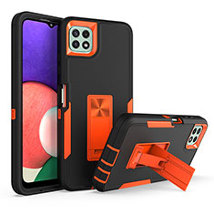 Silikon Hülle Handyhülle und Kunststoff Schutzhülle Hartschalen Tasche mit Ständer J01S für Samsung Galaxy A22s 5G Orange