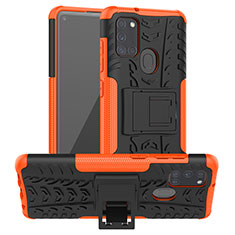 Silikon Hülle Handyhülle und Kunststoff Schutzhülle Hartschalen Tasche mit Ständer J01X für Samsung Galaxy A21s Orange