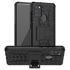 Silikon Hülle Handyhülle und Kunststoff Schutzhülle Hartschalen Tasche mit Ständer J01X für Samsung Galaxy A21s Schwarz