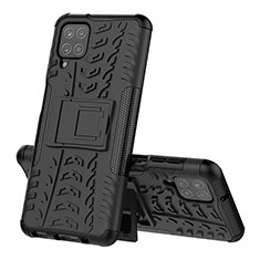 Silikon Hülle Handyhülle und Kunststoff Schutzhülle Hartschalen Tasche mit Ständer J01X für Samsung Galaxy M12 Schwarz