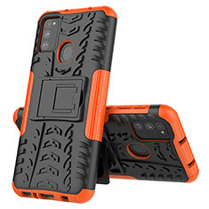 Silikon Hülle Handyhülle und Kunststoff Schutzhülle Hartschalen Tasche mit Ständer J01X für Samsung Galaxy M21 Orange