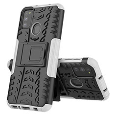 Silikon Hülle Handyhülle und Kunststoff Schutzhülle Hartschalen Tasche mit Ständer J01X für Samsung Galaxy M21 Silber