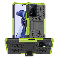 Silikon Hülle Handyhülle und Kunststoff Schutzhülle Hartschalen Tasche mit Ständer JX1 für Xiaomi Mi 11T Pro 5G Grün