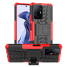 Silikon Hülle Handyhülle und Kunststoff Schutzhülle Hartschalen Tasche mit Ständer JX1 für Xiaomi Mi 11T Pro 5G Rot