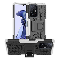 Silikon Hülle Handyhülle und Kunststoff Schutzhülle Hartschalen Tasche mit Ständer JX1 für Xiaomi Mi 11T Pro 5G Silber