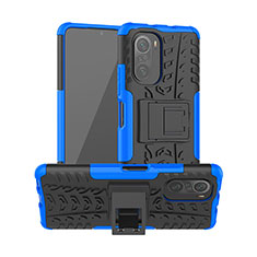 Silikon Hülle Handyhülle und Kunststoff Schutzhülle Hartschalen Tasche mit Ständer JX1 für Xiaomi Poco F3 5G Blau