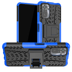 Silikon Hülle Handyhülle und Kunststoff Schutzhülle Hartschalen Tasche mit Ständer JX1 für Xiaomi Poco M5S Blau