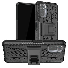 Silikon Hülle Handyhülle und Kunststoff Schutzhülle Hartschalen Tasche mit Ständer JX1 für Xiaomi Poco M5S Schwarz