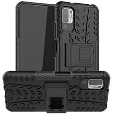 Silikon Hülle Handyhülle und Kunststoff Schutzhülle Hartschalen Tasche mit Ständer JX1 für Xiaomi Redmi Note 10 5G Schwarz