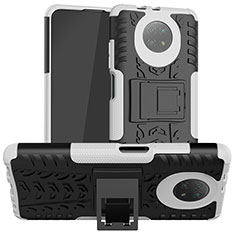 Silikon Hülle Handyhülle und Kunststoff Schutzhülle Hartschalen Tasche mit Ständer JX1 für Xiaomi Redmi Note 9T 5G Silber