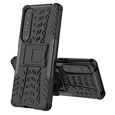 Silikon Hülle Handyhülle und Kunststoff Schutzhülle Hartschalen Tasche mit Ständer JX2 für Sony Xperia 1 IV Schwarz