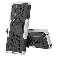 Silikon Hülle Handyhülle und Kunststoff Schutzhülle Hartschalen Tasche mit Ständer JX2 für Sony Xperia 1 IV SO-51C Silber