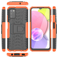 Silikon Hülle Handyhülle und Kunststoff Schutzhülle Hartschalen Tasche mit Ständer JX5 für Samsung Galaxy A02s Orange