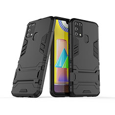 Silikon Hülle Handyhülle und Kunststoff Schutzhülle Hartschalen Tasche mit Ständer KC3 für Samsung Galaxy M21s Schwarz