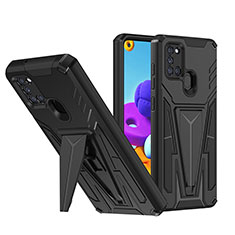 Silikon Hülle Handyhülle und Kunststoff Schutzhülle Hartschalen Tasche mit Ständer MQ1 für Samsung Galaxy A21s Schwarz