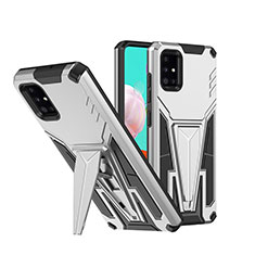 Silikon Hülle Handyhülle und Kunststoff Schutzhülle Hartschalen Tasche mit Ständer MQ1 für Samsung Galaxy A51 5G Silber