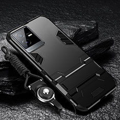 Silikon Hülle Handyhülle und Kunststoff Schutzhülle Hartschalen Tasche mit Ständer R01 für Vivo iQOO Z6x Schwarz