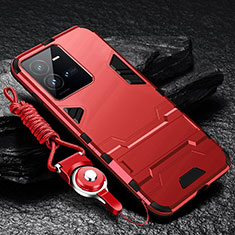 Silikon Hülle Handyhülle und Kunststoff Schutzhülle Hartschalen Tasche mit Ständer R01 für Vivo V25 5G Rot