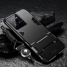 Silikon Hülle Handyhülle und Kunststoff Schutzhülle Hartschalen Tasche mit Ständer R01 für Vivo V25 5G Schwarz