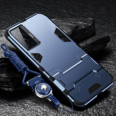 Silikon Hülle Handyhülle und Kunststoff Schutzhülle Hartschalen Tasche mit Ständer R01 für Vivo X70 Pro 5G Blau