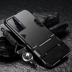 Silikon Hülle Handyhülle und Kunststoff Schutzhülle Hartschalen Tasche mit Ständer R01 für Vivo X70 Pro 5G Schwarz