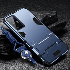 Silikon Hülle Handyhülle und Kunststoff Schutzhülle Hartschalen Tasche mit Ständer R01 für Vivo X70 Pro+ Plus 5G Blau