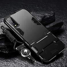Silikon Hülle Handyhülle und Kunststoff Schutzhülle Hartschalen Tasche mit Ständer R01 für Vivo Y50t Schwarz