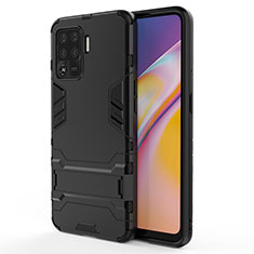 Silikon Hülle Handyhülle und Kunststoff Schutzhülle Hartschalen Tasche mit Ständer T01 für Oppo F19 Pro Schwarz