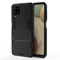 Silikon Hülle Handyhülle und Kunststoff Schutzhülle Hartschalen Tasche mit Ständer T01 für Samsung Galaxy A12 5G Schwarz