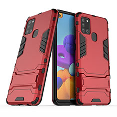 Silikon Hülle Handyhülle und Kunststoff Schutzhülle Hartschalen Tasche mit Ständer T02 für Samsung Galaxy A21s Rot