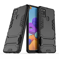 Silikon Hülle Handyhülle und Kunststoff Schutzhülle Hartschalen Tasche mit Ständer T02 für Samsung Galaxy A21s Schwarz