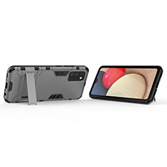 Silikon Hülle Handyhülle und Kunststoff Schutzhülle Hartschalen Tasche mit Ständer T02 für Samsung Galaxy F02S SM-E025F Grau