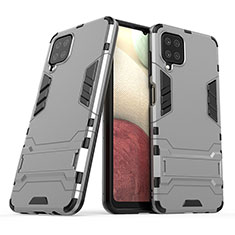 Silikon Hülle Handyhülle und Kunststoff Schutzhülle Hartschalen Tasche mit Ständer T02 für Samsung Galaxy F12 Grau