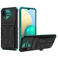 Silikon Hülle Handyhülle und Kunststoff Schutzhülle Hartschalen Tasche mit Ständer YF1 für Samsung Galaxy A02 Grün