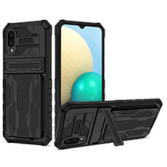 Silikon Hülle Handyhülle und Kunststoff Schutzhülle Hartschalen Tasche mit Ständer YF1 für Samsung Galaxy A02 Schwarz