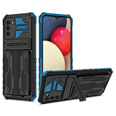 Silikon Hülle Handyhülle und Kunststoff Schutzhülle Hartschalen Tasche mit Ständer YF1 für Samsung Galaxy A02s Blau