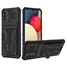 Silikon Hülle Handyhülle und Kunststoff Schutzhülle Hartschalen Tasche mit Ständer YF1 für Samsung Galaxy A02s Schwarz