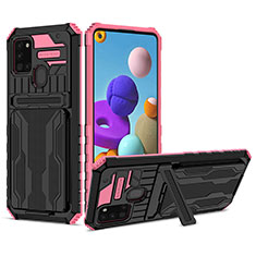 Silikon Hülle Handyhülle und Kunststoff Schutzhülle Hartschalen Tasche mit Ständer YF1 für Samsung Galaxy A21s Pink