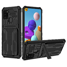 Silikon Hülle Handyhülle und Kunststoff Schutzhülle Hartschalen Tasche mit Ständer YF1 für Samsung Galaxy A21s Schwarz