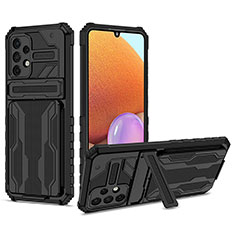 Silikon Hülle Handyhülle und Kunststoff Schutzhülle Hartschalen Tasche mit Ständer YF1 für Samsung Galaxy A32 4G Schwarz