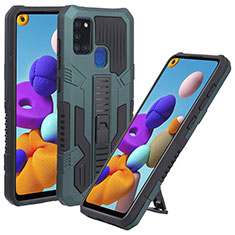 Silikon Hülle Handyhülle und Kunststoff Schutzhülle Hartschalen Tasche mit Ständer ZJ1 für Samsung Galaxy A21s Grün