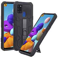 Silikon Hülle Handyhülle und Kunststoff Schutzhülle Hartschalen Tasche mit Ständer ZJ1 für Samsung Galaxy A21s Schwarz