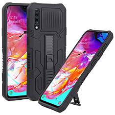 Silikon Hülle Handyhülle und Kunststoff Schutzhülle Hartschalen Tasche mit Ständer ZJ1 für Samsung Galaxy A70S Schwarz