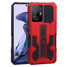 Silikon Hülle Handyhülle und Kunststoff Schutzhülle Hartschalen Tasche mit Ständer ZJ1 für Xiaomi Mi 11T Pro 5G Rot