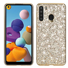 Silikon Hülle Handyhülle und Kunststoff Schutzhülle Hartschalen Tasche Vorder und Rückseite 360 Grad Ganzkörper Bling-Bling für Samsung Galaxy A21 Gold