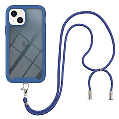 Silikon Hülle Handyhülle und Kunststoff Schutzhülle Hartschalen Tasche Vorder und Rückseite 360 Grad Ganzkörper mit Schlüsselband Lanyard für Apple iPhone 13 Blau